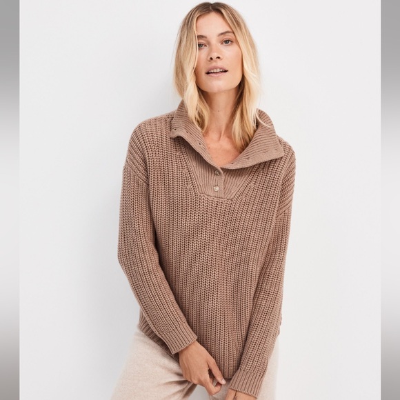 Haven Well Within Sweaters - Haven Well Within Button-Up Chunky Mock Neck Sweater in Tan brown large